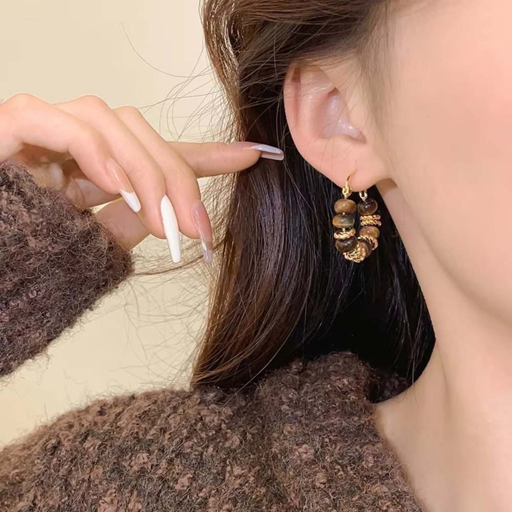🐅 Wooden Brown & Gold Beaded Tigers eye Hoop Earrings